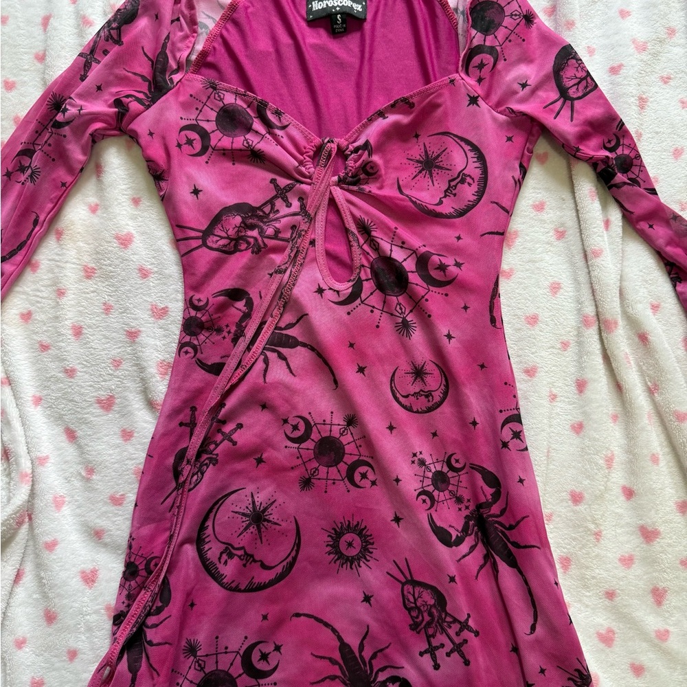 Dolls Kill Pink Long Sleeve Dress with Black Print
